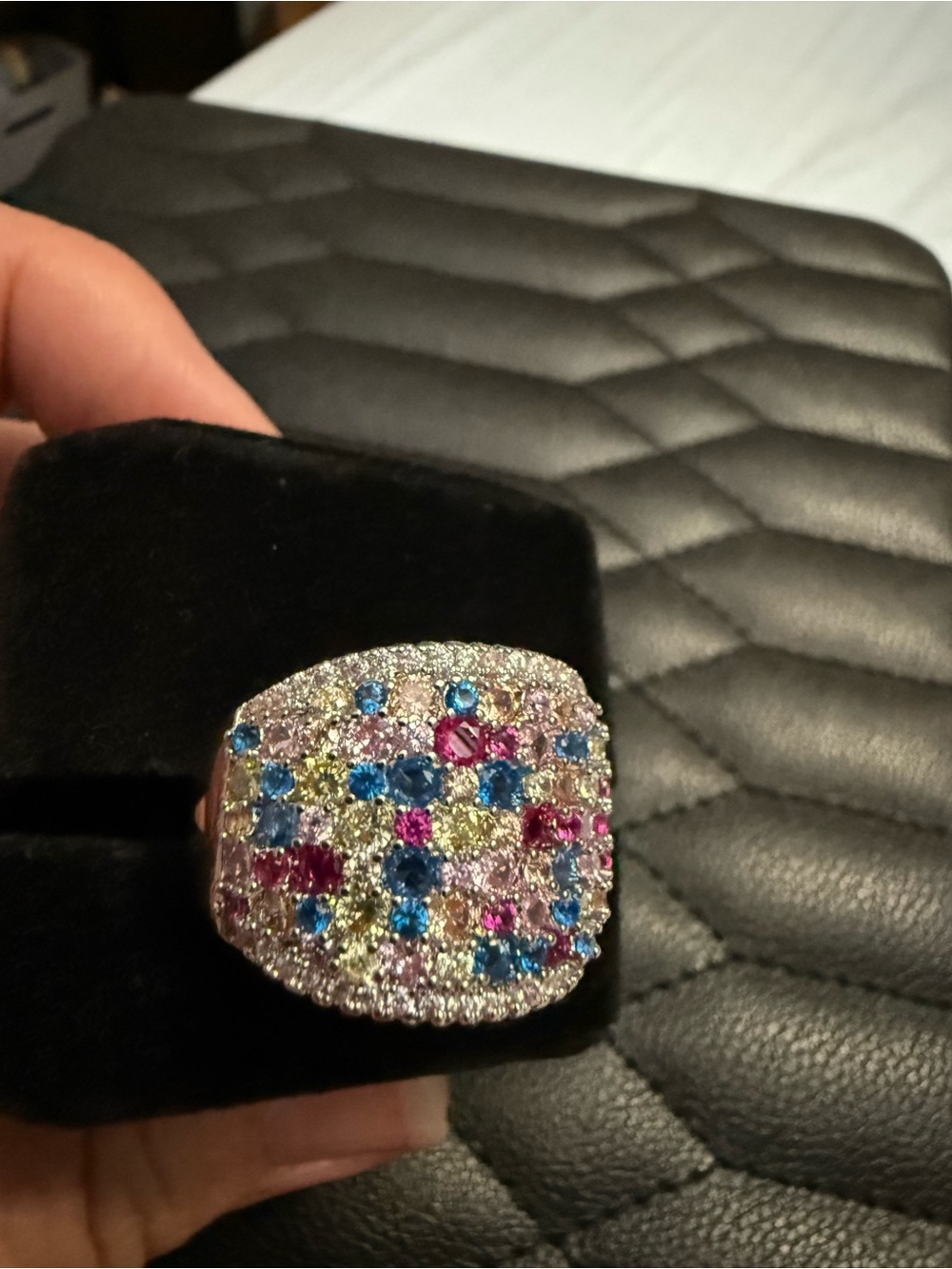 Source Unknown Multicolor Pave Crystal Ring with Blue, Pink and Yellow Stones